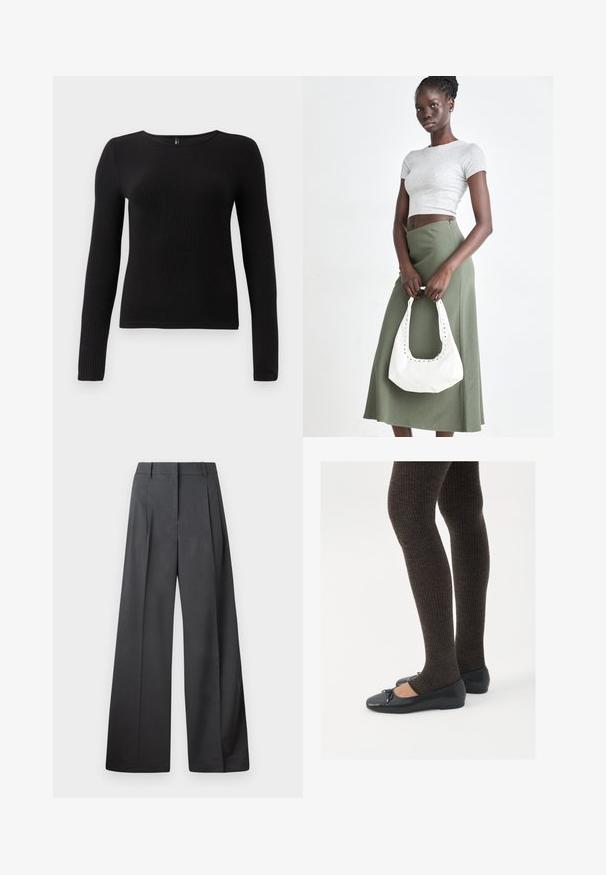 Čierny rebrovaný top s dlhým rukávom, okrúhlym výstrihom a priliehavým strihom. Tkanina vyzerá mäkká a textúrovaná s jemným elastickým efektom.; Nohavice s širokými nohavicami z tmavošedej látky, s vysokým pásom, jedinými záhybmi a hladkou textúrou s čistým zakončením na lemoch.; Čierne ploché topánky s malou mašľou na špičke, v kombinácii s tmavohnedými rebrovanými pančuchami. Topánky majú hladký povrch a nízky profil.; Sivý pruhovaný crop top a olivovo zelená sukňa s vysokým pásom. Model drží bielu ramennú tašku s vyrezávanými detailmi. Jednoduchý dizajn, priliehavý strih.