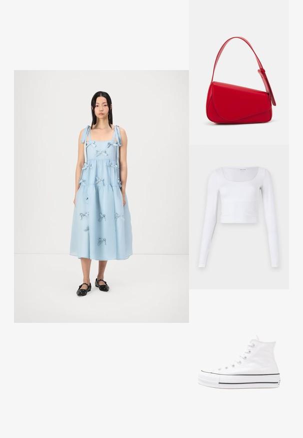 Valge pika varrukaga lühikese lõikega topp, mis on valmistatud siledast kangast, laia ruudu kujuga kaelusega ja keha nurka rõhutava siluetiga. Ilma mustrite ja kaunistusteta.; Hele helesinise midi kleit ruudu kaelusega, õhukeste õlavarredega ja kihilise disainiga. Esiosas on mitmeid kangast paelu.; Valge kõrgem kangast tenniseking, millel on must kummist tald, ees kummist varvasetugi ja kuus aukku paelte jaoks, pakkudes puhta ja minimalistliku disaini.; Punane nahast käekott, millel on nurkadega geomeetriline disain. Omab ühte reguleeritavat rihma ja klappidega sulgemist, millel on õmblustega kaunistused.