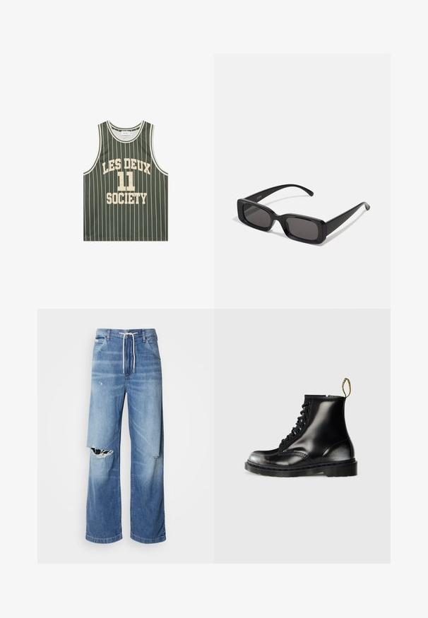 Lichtgewicht groene basketbal tanktop met witte verticale strepen, met "LES DEUX 11 SOCIETY" in vette letters op de voorkant gedrukt.; Lichtblauwe denim jeans met een losse fit, voorzien van een witte trekkoord in de taille en duidelijke scheuren aan de voorkant, met rafelige randen.; Zwarte leren enkellaarzen met een glanzende afwerking, acht veterogen, zwarte veters en een trekloop. Voorzien van een getextureerde, gedetailleerde zool.; Zwarte rechthoekige zonnebril met donkere lenzen, glanzende afwerking, brede pootjes en een robuust frameontwerp. Gegraveerde merknaam op één van de pootjes.
