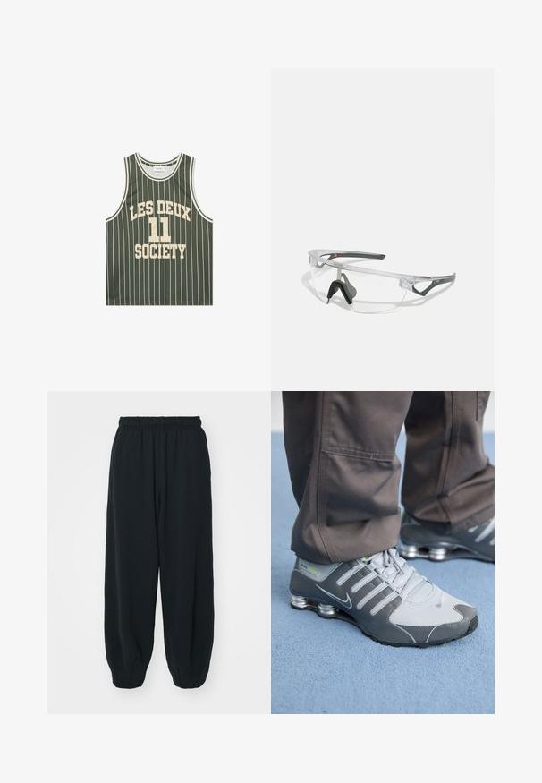 Lett grønt basketball tanktop med hvide lodrette striber, der har "LES DEUX 11 SOCIETY" trykt foran i fede bogstaver.; Sorte svedbukser med elastisk talje, løs pasform, afsluttede ankler, glat tekstur og uden synlige mønstre eller hardware-detaljer.; Grå og sølv Nike Shox sneakers har et slankt design med mesh og syntetiske materialer, en rund tå og en polstret krave.; Klare sikkerhedsbriller med en letvægts, gennemsigtig stel og grå accenter. Har et omsluttende design og justerbar næsepude.