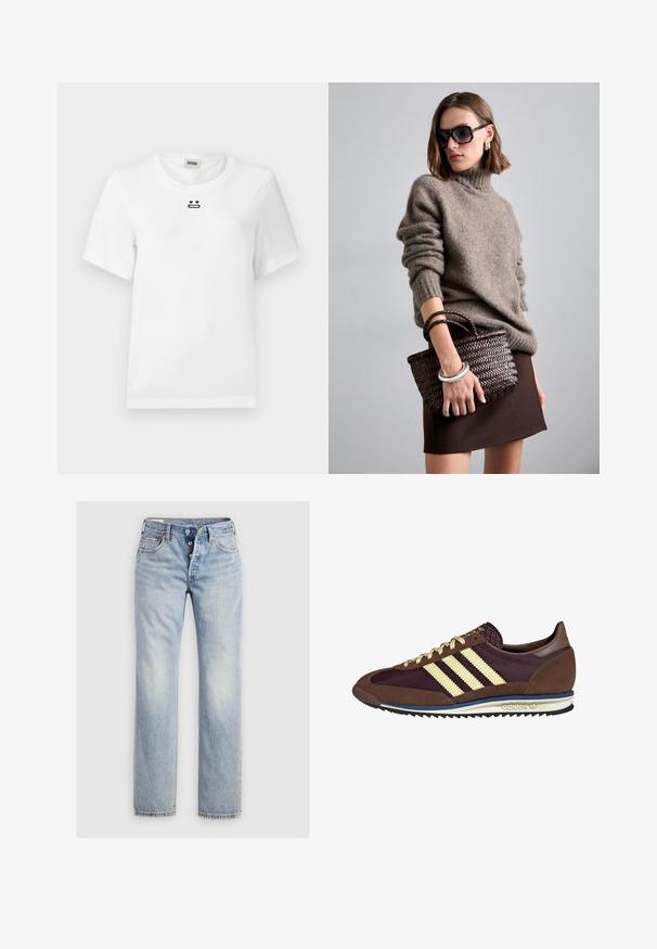 T-shirt bianca in cotone con maniche corte, caratterizzata da un piccolo design grafico nero di un volto con occhi a cuore e bocca dritta sul petto.; Jeans in denim blu chiaro con design a gamba dritta, chiusura con cinque bottoni e tasche posteriori con dettagli di cucitura sottili.; Sneaker marrone e bordeaux realizzato in materiali scamosciati e in rete, caratterizzato da tre strisce color crema, tessuto testurizzato sulla linguetta e suola in gomma.; DRAGON DIFFUSION MINI FLAT GORA - Borsa a mano - dark brown