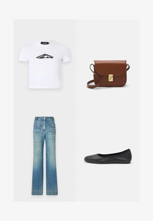 T-shirt bianco a maniche corte in cotone, con una stampa del logo nero sulla parte anteriore. Design classico a collo rotondo con una forma aderente.; Jeans a zampa d'elefante in denim azzurro chiaro con cinque tasche, passanti per cintura, chiusura con bottone e una trama leggermente sbiadita, caratterizzati da un dettaglio con logo rosso sul retro.; Pantofole da balletto nere in pelle con punta arrotondata, texture liscia, dettagli di cucitura minimi e design con suola flessibile.; Borsa a tracolla in pelle marrone con chiusura a pattina, hardware color oro, tracolla e una finitura liscia. Forma rettangolare compatta.