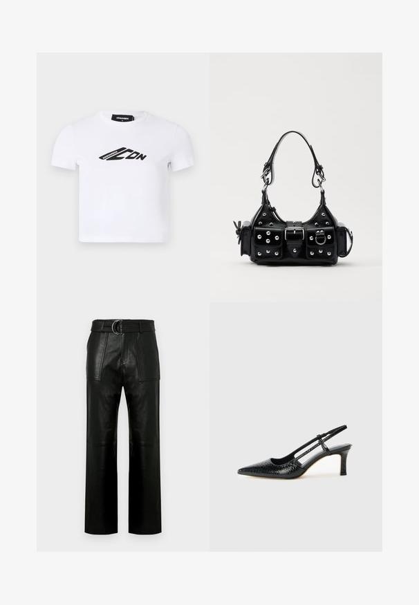 Bílý tričko s krátkým rukávem vyrobené z bavlny, s černým potiskem loga na přední straně. Klasický design s kulatým výstřihem a přiléhavým střihem.; Vysoké černé kožené kalhoty s širokými nohavicemi, velkými předními kapsami a odpovídajícím páskem s dvoubodovou sponou.; Černé lakované slingback podpatky s špičatou špičkou, zdobené texturovaným hadím vzorem, nastavovacím páskem a krátkým texturovaným blokovým podpatkem.; Černá kožená kabelka s křivkovým designem, zdobená stříbrnými hřebíky, s přezkou a dvěma bočními kapsami. Nastavitelný popruh pro různé možnosti nošení.