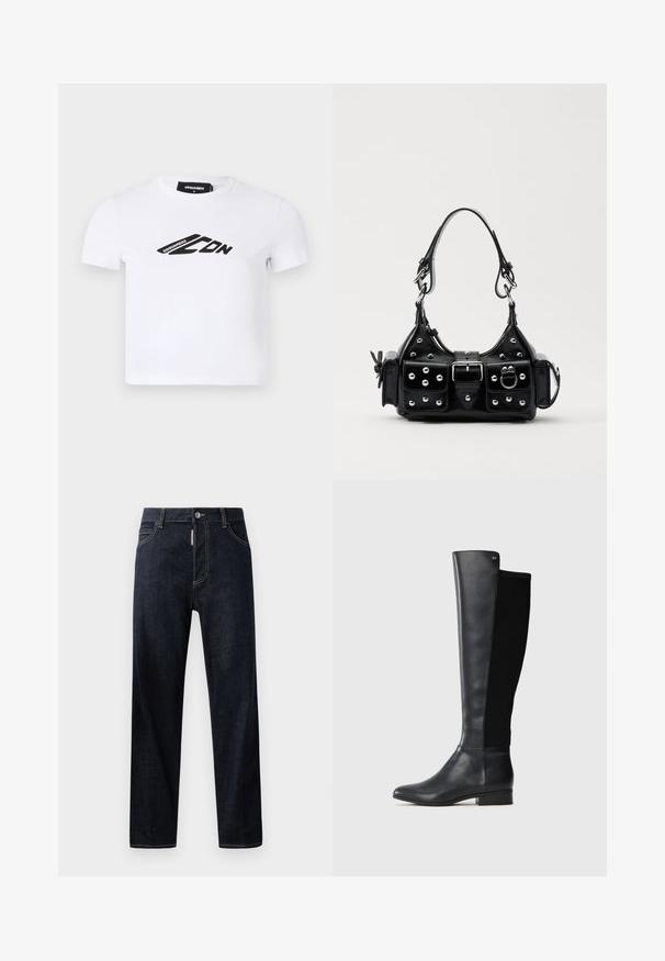 Vit kortärmad t-shirt i bomull, med ett svart logotryck på framsidan. Klassisk design med rund hals och en figurnära passform.; Mörkblå denimjeans med rak passform, med knappstängning, bältesöglor och ljusa kontrasterande sömmar. Inga mönster eller dekorationer.; Svart knähög läderstövel med elastisk tygpanel bak, låg klack och liten metallisk logotyp nära övre kanten.; Svart läderhandväska med en kurvad design, prydd med silverfärgade nitar, ett spänne och två sidofickor. Justerbar rem för olika bäralternativ.