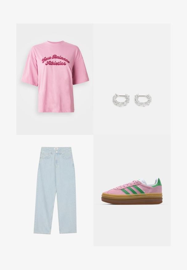 Rozā īsām piedurknēm T-krekls ar apaļu kakla izgriezumu, uz kura krūtīm ir melnā un baltā fonā bolder sarkana rakstība "New Balance Athletics".; Gaiši zilas platās kājas džinsi, kas izgatavoti no denima, ar vidēju jostas augstumu, piecām kabatām un pogas aizdari ar šauru metāla akcentu.; Rozā zamša kedas ar zaļām svītrām, baltām akcentiem un brūnu gumijas zoli. Izstrādātas ar teksturētu audumu un logotipa detaļām sānos.; Sudraba auskari ar cilindra formu, kuros ir novietoti taisnstūra un trīsstūra skaidri kristāli, sakārtoti apļa formā ar centrālo stiprinājumu.