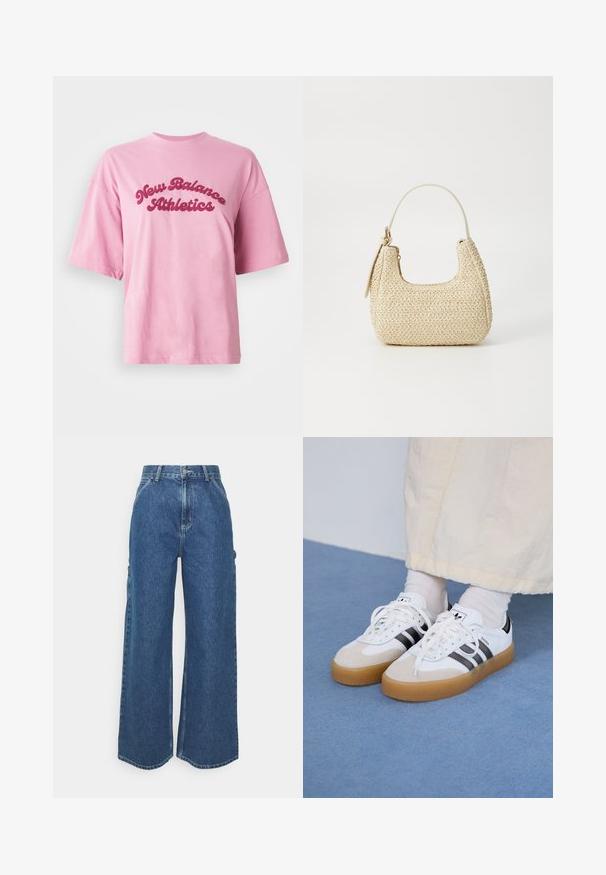 Rožinė trumpomis rankovėmis apvalios kaklo marškinėliai su bold raudonais kursyviniu šriftu "New Balance Athletics" tekstu ant krūtinės, priešais baltą foną.; Plačios mėlynos džinsinės kelnes su aukštu juosmeniu, kontrastingais siūlais ir šoninėmis kišenėmis, turinčios klasikinį penkių kišenių dizainą ir brutalius kraštus.; Baltos sportbačiai su noir juostomis ir šviesiai rudos zomšos akcentais. Yra tekstūruota gumos padas ir plokščiomis baltomis raištelėmis, dėvimi su šviesiai spalvotomis kojinėmis.; Aukšta pintinė rankinė iš šiaudų, šviesiai rudos spalvos, su išlenkta forma, trumpa rankena ir šoniniu užtrauktuku. Pasižymi tekstūruota paviršiumi ir minimalistiniu dizainu.