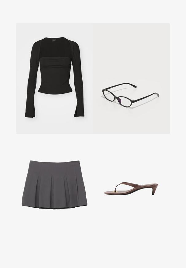 Gina Tricot SOFT TOUCH SQUARE NECK TOP - Langarmshirt - black; Grauer gefalteter Rock mit glatter Textur, der gestickte Details und einen taillierten Bund aufweist und in einer Länge bis zur Mitte des Oberschenkels abschließt.; Braune, mit Absatz versehene Flip-Flop-Sandale mit einem schmalen Riemen und abgerundetem Zehensteg, der ein kleines goldfarbenes Akzent auf dem Fußbett aufweist.; Schwarze Kunststoffbrille mit ovaler Form, ausgestattet mit klaren Gläsern und einem lila Akzent auf dem linken Glas. Elegantes, minimalistisches Design.