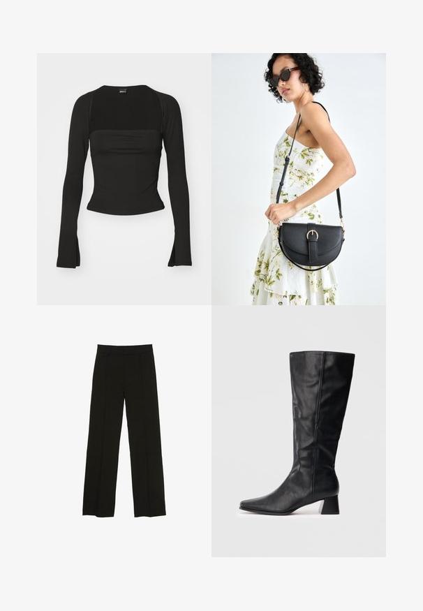 Gina Tricot SOFT TOUCH SQUARE NECK TOP - Maglietta a manica lunga - black; Pantaloni neri a gamba larga realizzati in un tessuto morbido, con una vita aderente e sottili pieghe frontali per un tocco di consistenza.; Stivale in pelle nero a metà polpaccio con punta affusolata e tacco quadrato su sfondo chiaro uniforme.; Borsa a tracolla nera in pelle con una forma curva, manico rimovibile e accessori dorati. La borsa presenta una patta con un dettaglio a fibbia.