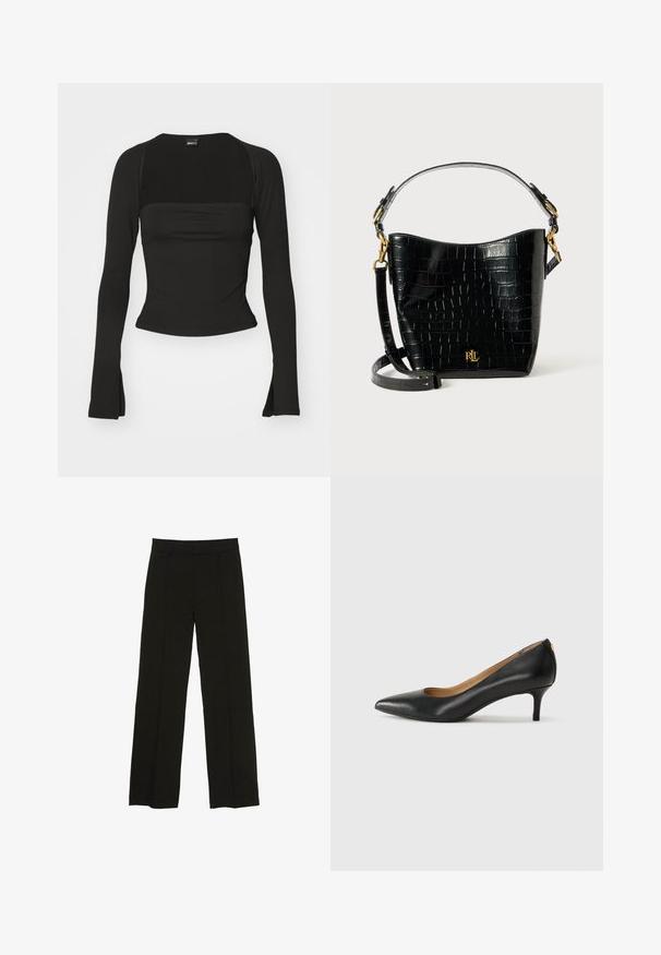 Gina Tricot SOFT TOUCH SQUARE NECK TOP - Langærmet T-shirt - black; Sorte brede bukser lavet af et glat stof, med en tætsiddende talje og subtile frontfolder for ekstra tekstur.; Sorte læderpumper med spids tå, lav hæl og en glat tekstur. Har en let åbning foran og minimal hardware bagpå.; Sort lædertaske med krokodilleprægning, rundet form, guldhardware-detaljer, justerbar rem og logodekal foran.