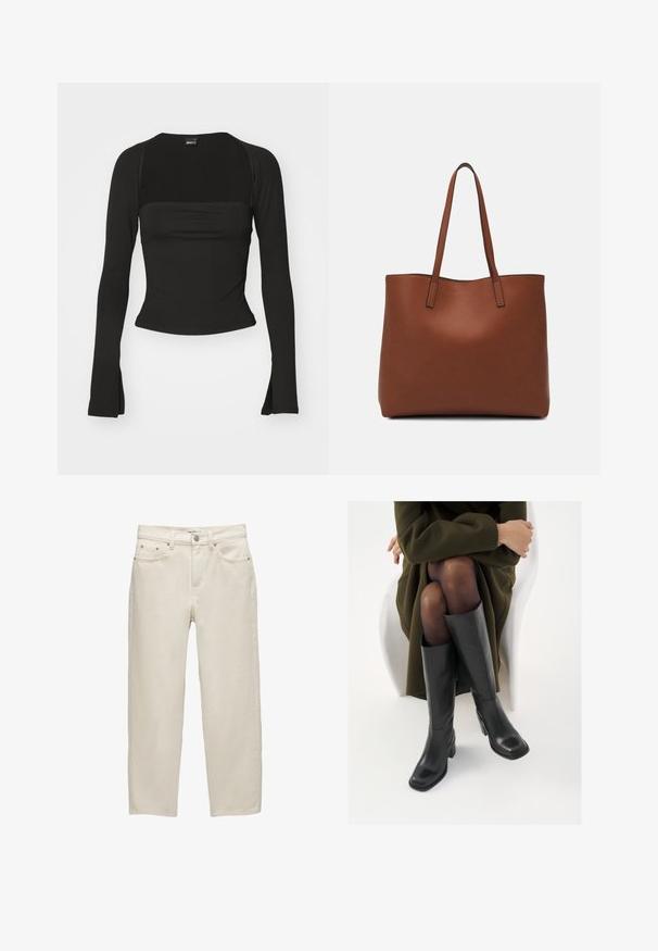 Gina Tricot SOFT TOUCH SQUARE NECK TOP - Maglietta a manica lunga - black; Jeans in denim bianco con una vestibilità rilassata, caratterizzati da gamba dritta, design a cinque tasche e hardware in metallo con una texture sottile.; Stivali neri in pelle alti fino al ginocchio con punta squadrata e tacco a blocco, mostrati con un modello seduto in un cappotto verde oliva. Texture liscia, dettagli minimi.; Borsa tote in pelle marrone con texture liscia, design con apertura superiore e due spallacci. Presenta cuciture minime e nessun hardware visibile.