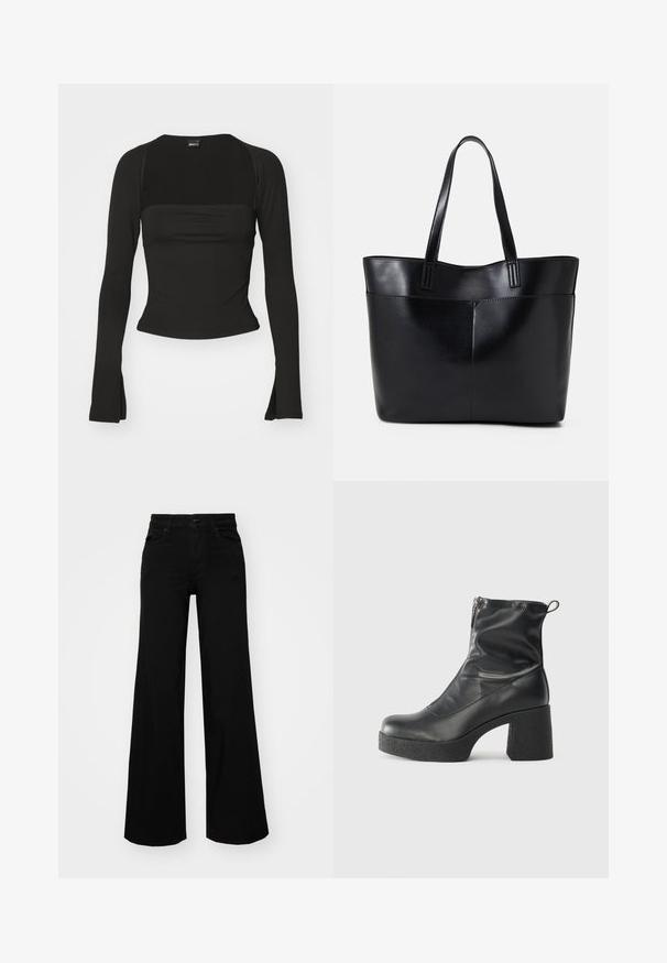 Gina Tricot SOFT TOUCH SQUARE NECK TOP - Langarmshirt - black; Schwarze weit geschnittene Hose aus Denim, mit einem strukturierten Bund, Gürtelschlaufen und Fronttaschen. Glatte Textur mit klassischem Design.; Schwarze Stiefeletten aus glattem Leder mit seitlichem Reißverschluss, klobigem strukturiertem Absatz und runder Zehenform.; Schwarze Leder-Shopper-Tasche mit zwei langen Griffen, einer glatten Textur und einer strukturierten Form. Verfügt über eine Vordertasche für zusätzlichen Stauraum.