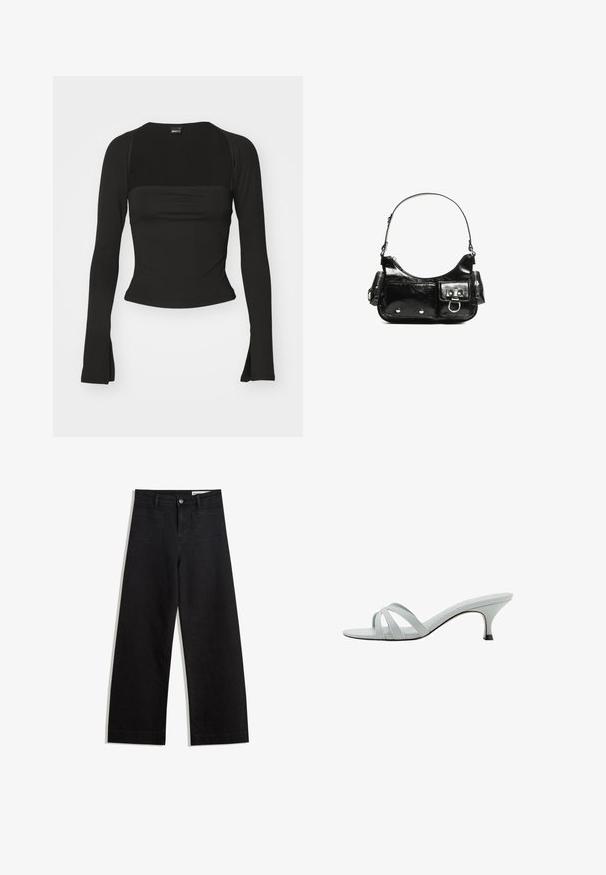 Gina Tricot SOFT TOUCH SQUARE NECK TOP - Top dugih rukava - black; Crne široke traperice s visokim strukom, s prednjim i stražnjim džepovima, šivenim šavovima i kopčanjem na gumb. Glatka tekstura.; Svijetlosive sandale s potpeticama i tri ukrštavajuće trake, vitkog profila i sužene pete. Glatka tekstura s blago sjajnim finishem.; Crna patentna kožna torba s zakrivljenim oblikom, jednim remenom za rame, prednjim džepovima i akcentima od srebrnog tona.