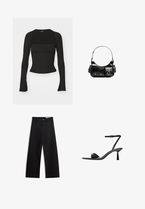 Gina Tricot SOFT TOUCH SQUARE NECK TOP - Long sleeved top - black; Black wide-leg denim pants with a high waist, featuring front and back pockets, stitched seams, and a button closure. Smooth texture.; Bershka High heeled sandals - black; Black patent leather handbag with a curved shape, one shoulder strap, front pockets, and silver-tone hardware accents.