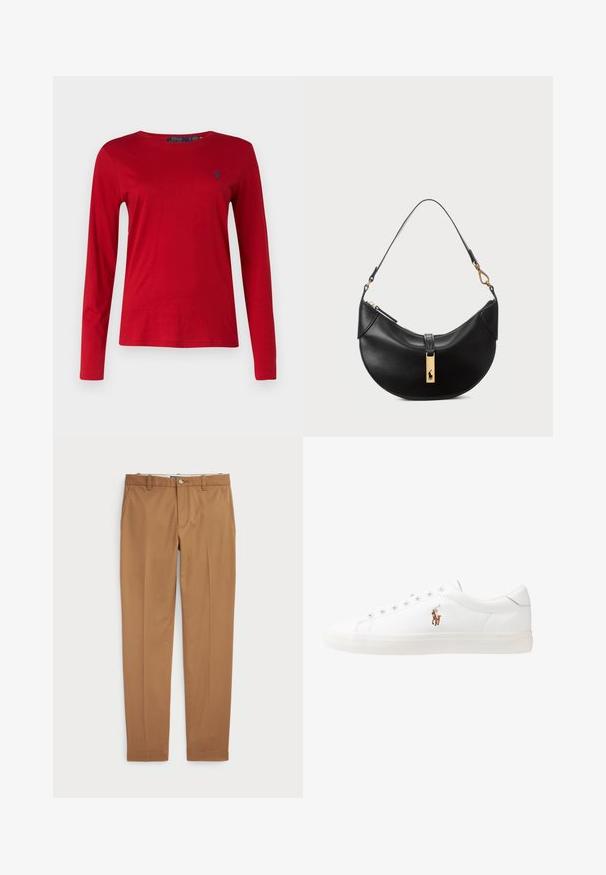 Polo Ralph Lauren LONG SLEEVE - Ilgarankovis viršutinės dalies drabužis - madison red; Rudos medvilnės kelnes su siauru siluetu, lygiu priekiu ir standartinėmis kišenėmis; sklandžios tekstūros ir apkarpytais rankogaliais.; Baltos odinės sportbačiai, žemo profilio, su lygia tekstūra, apvalia nosimi, raištelių sistema priekyje ir mažyte siuvinėta logo šone.; Juodos odos rankinė pusmėnulio forma. Papuošta auksinėmis detalėmis ir siaura juosta. Lygi tekstūra, užtrauktuko uždarymas viršuje.