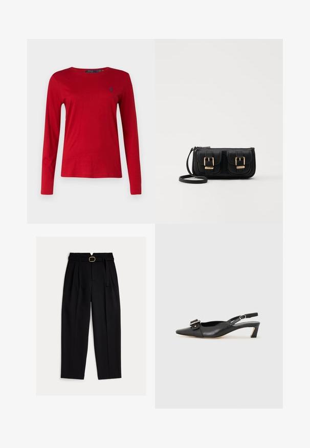 Polo Ralph Lauren LONG SLEEVE - Long sleeved top - madison red; Black, high-waisted trousers with a belted waist, pleated front, and wide-leg design. Made of smooth fabric with a classic cut.; Black leather slingback shoe with pointed toe, small heel, and decorative buckle detail on the upper. Smooth texture, minimalistic design.; Black leather crossbody bag with two front pockets, gold buckles, zipper closure, and a slim strap. Textured surface and compact rectangular shape.