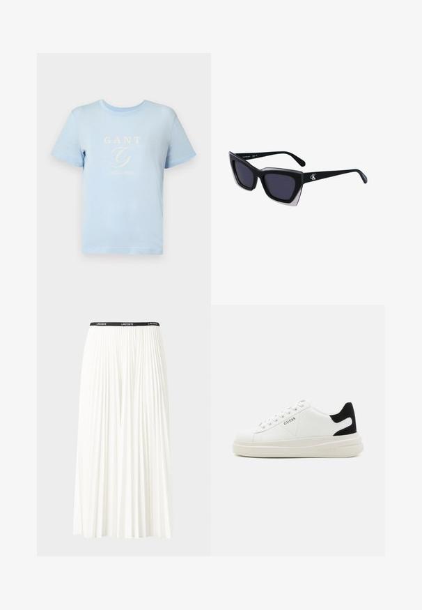 Tricou din bumbac de culoare albastră deschisă, cu decolteu rotund, mâneci scurte și un logo imprimate în alb care spune "GANT EST. 1949 NEW HAVEN" pe față.; Fustă plisată albă cu un brâu elastic negru, având logo-ul "LACOSTE". Design de lungime medie, cu textură moale.; Adidași din piele albă cu o talpă groasă albă, accent de călcâi din suede negru și logo embosat pe lateral. Design cu șireturi și șase orificii.; Ochelari de soare supradimensionați, negri, cu o formă geometrică, având lentile întunecate și un detaliu gri contrastant pe ramă. Logo pe braț.