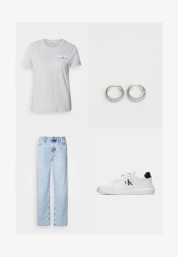 Gaiši pelēks kokvilnas t-krekls ar apaļu kakla izgriezumu, īsām piedurknēm un drukātu logo baltā un tumši sarkanā krāsā kreisajā krūšu daļā.; Gaiši zilas platās kājas džinsi, izgatavoti no denima, ar augstu jostas vietu, izbalinātu krāsu un smalku krāsošanas rakstu priekšpusē.; Baltā zema topa sporta apavas ar melnu papēža cilni, platformas zoli, auklēm un Calvin Klein "CK" logo sānos.; Sudraba gredzena auskari ar faktūras dizainu, kas ietver vertikālas rievas. Apaļa forma ar drošu aizdari. Gluda apdare.
