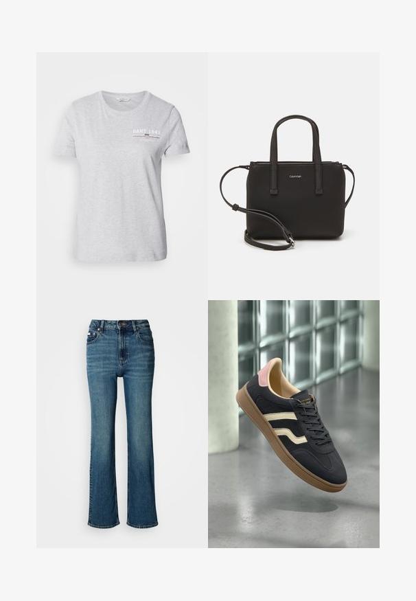 Lichtgrijze katoenen t-shirt met een ronde hals, korte mouwen en een gedrukt logo in wit en donkerrood op de linker borst.; Hogwaardige blauwe jeans van denim, met een rechtzittend ontwerp, subtiele vervaging en een standaard knoop- en ritssluiting.; Marine leren sneakers met crèmekleurige strepen, roze accenten op de hiel en een getextureerde tan rubberen zool. Klassiek laag model.; Zwarte handtas met dubbele korte handvatten en een afneembare schouderriem. Glad, leerachtig materiaal met een ritssluiting en logo-detail.