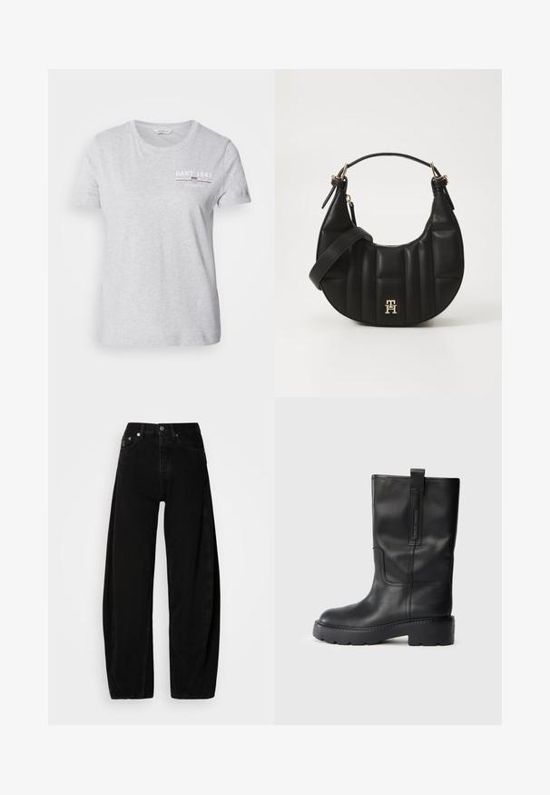 Lichtgrijze katoenen t-shirt met een ronde hals, korte mouwen en een gedrukt logo in wit en donkerrood op de linker borst.; Zwarte denim wijde broek met hoge taille, voorzien van een knopenstop, vijf zakken en minimale stikdetails.; Zwarte leren kniehoge laarzen met een slank ontwerp, voorzien van een dikke zool en een zijhandvat voor gemakkelijk aan- en uittrekken. Opvallende stikselaccenten.; Zwarte leren handtas met een gebogen vorm, gevoerd textuur en gouden hardware. Beschikt over een afneembare schouderband en logo-detail.