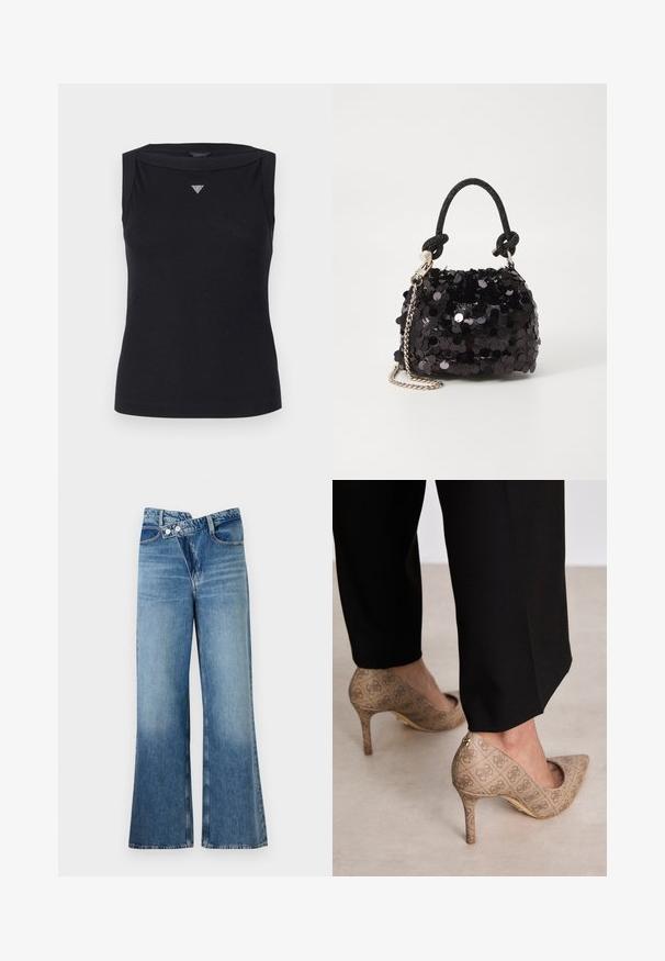 Must reie avatud õlavartega must särk, mis on valmistatud puuvillast. Särgil on vene stiilis kaelus ja rinnal väike kristallne kolmnurkne logo. Sile tekstuur.; Heledad sinise denimi laienevad teksad kõrge vöökohaga, millel on kaks nööpi ja eesnahk. Kangas on tuhm tekstuuriga, kus on kergeid varieeruvaid toone.; Beige kõrged kontsad, mis on valmistatud tekstureeritud kangast, millel on korduv muster. Terava nina disain tagakülje aktsendi ja kuldse kontsiga.; Must have mustrõngus mustal sädelev mini käekotil on sõlme tekstuuriga rihm ja hõbedane ketis. Ümar kuju, kokku kogutud ülaosa ja peegeldav detail.