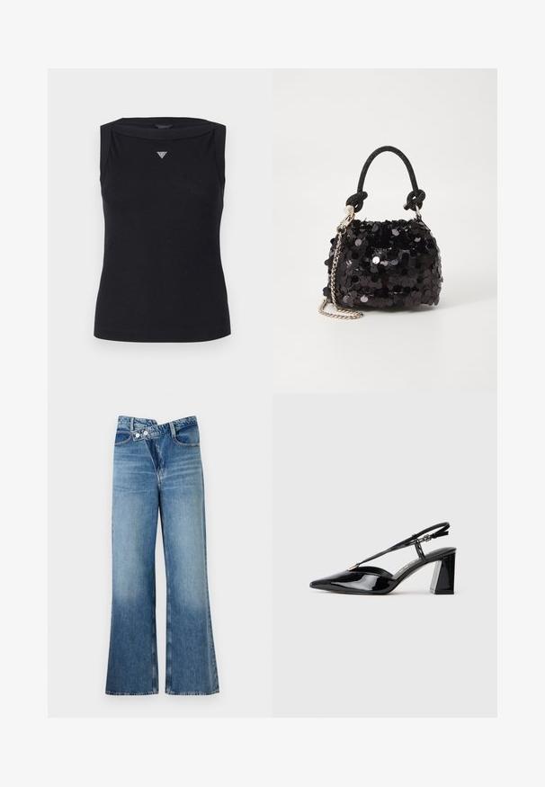 Black sleeveless top made of cotton, featuring a boat neckline and a small crystal triangle logo on the chest. Smooth texture.; Light blue denim flared jeans with a high waist, featuring two buttons and front pockets. Fabric has a faded texture with subtle variations.; Black patent leather slingback high-heeled shoes with a pointed toe, adjustable strap, and chunky rectangular heel.; Black sequin mini handbag with a knotted textured strap and silver chain. Rounded shape with gathered top and reflective detailing.