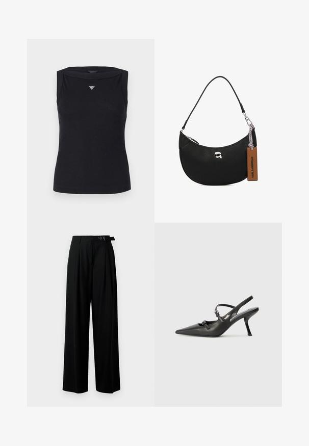 Svart ermeløs topp laget av bomull, med båt-hals og en liten krystalltriangel logo på brystet. Glatt tekstur.; Svarte vide bukser med høy livlinje, folder foran og belte med spenne. Laget av glatt, lett materiale.; Sorte skinn slingback-hæler med spiss tå, slank hæl og dekorativ spenne detalj på vampsiden. Glatt tekstur og stilrent design.; Svart skinnveske med pebble-tekstur, buet form, glidelås på toppen, sølvfarget hardware og en brun etikett. Inkluderer logo-akkenter.