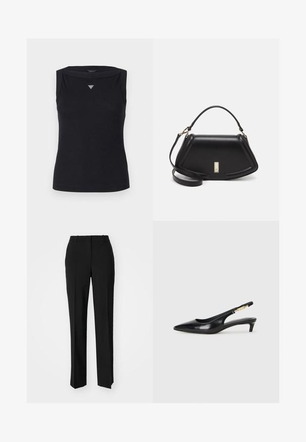Top senza maniche nero in cotone, con scollo a barca e un piccolo logo triangolare in cristallo sul petto. Texture liscia.; Pantaloni neri su misura con un design a gamba dritta, caratterizzati da una texture liscia e pieghe ben definite sul davanti. Senza hardware visibile.; Tacchi slingback in pelle nera con punta affusolata, caratterizzati da un tacco alto e un accento dorato sulla cinghia regolabile. Texture liscia.; Borsa a mano in pelle nera con un design strutturato, caratterizzata da una forma corta, manico superiore e accessori in metallo dorato. Inclusa tracolla regolabile.; Orecchini a cerchio argentati con un design liscio e curvo. Presentano una finitura metallica lucida e una chiusura a perno. Nessun motivo o accentuazione visibile.