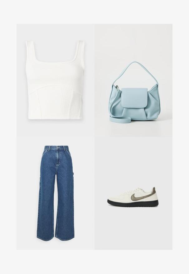 Valge ribaga crop top ruudukujulise kaelusega, paksude õlavarre rihmade ja õmblustega. Pehme kangas tekstureeritud viimistlusega.; Laiene jalad sinised denim püksid kõrge vöökohaga, kontrastsete õmblustega ja küljetaskutega, klassikalise viie taskuga disainiga ja toore servaga.; Nike Sportswear FIELD GENERAL - Tossud - off-white/black; Heledad sinine nahkrahakott ülemise käepidemega, esiküljel klapiga tasku ja eemaldatav randmepael valgel taustal.