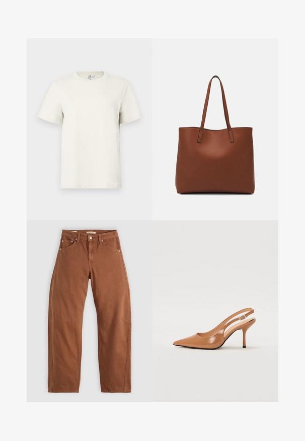 Šviesiai smėlinės spalvos medvilninė marškinė su apvalia kaklo iškirpte, trumpomis rankovėmis ir įprastu siluetu. Lygus audinys ir minimalistinis dizainas be raštų ar akcentų.; Rudai rudi tiesūs džinsai su priekinėmis ir galinėmis kišenėmis, metaliniais kabliukais, mygtuko užsegimu ir diržo kilpomis, išdėstyti ant balto fono.; Pailgų smailiu pirštu slingback kulnas, pagamintas iš lygaus, blizgaus rudos spalvos medžiagos. Yra kreivų išpjovimų dizainas ir lieknas stiletto kulnas. Sidabrinė sagtis.; Ruda odinė priekabų krepšys su glotnia tekstūra, atviru viršumi ir dviem petnešomis. Su minimalia siuvimo detalėmis ir nematoma aparatūra.