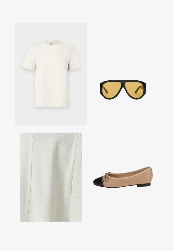 Svetlo bež bombažna majica s kratkimi rokavi, okroglo ovratnikom in običajnim krojem. Gladka tekstura in minimalističen dizajn brez vzorcev ali okraskov.; Svetlo bež lanena tkanina z teksturiranim vzorcem, ki ima detajl šiva in stransko žep. Gladka površina z diskretno tkanjem.; Balerinka iz bež usnja z črnim kapicom. Ima podrobnost z lokom spredaj in gladko teksturo. Nizka oblika z gumijastim podplatom.; Sončna očala s sleek črnim plastičnim okvirjem in rumenimi lečami, z izrazito kotno obliko in širokimi templji za dodatno zaščito.