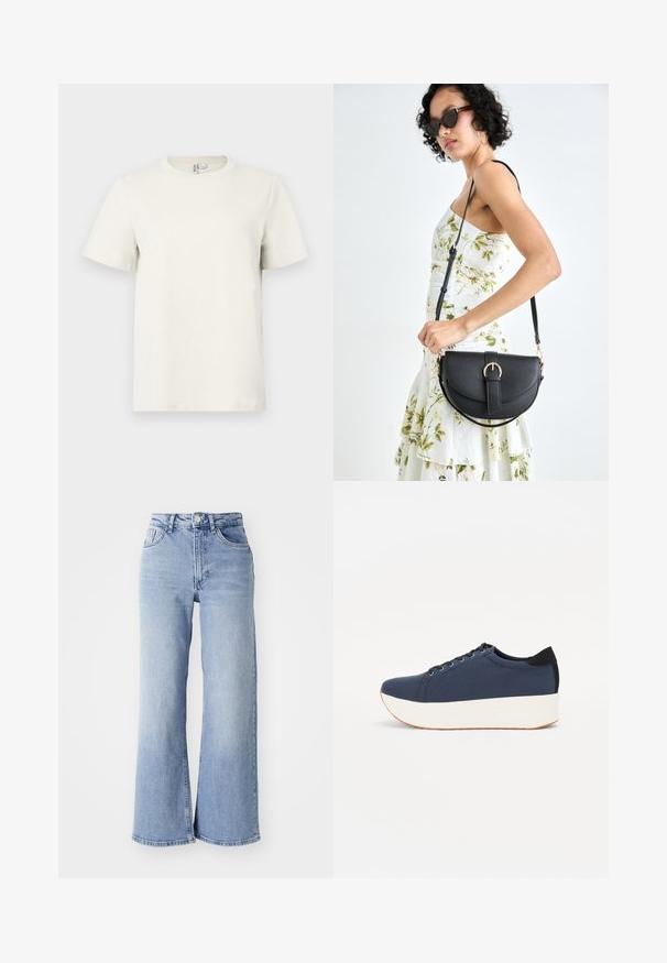Camiseta de algodón beige claro con cuello redondo, mangas cortas y corte regular. Textura suave y diseño minimalista sin patrones ni acentos.; Jeans de tiro alto de pierna ancha en azul claro, con bolsillos delanteros y traseros, cierre de botón y un ligero desgastado en los muslos y los dobladillos.; Zapatilla de color azul marino con parte superior de tejido texturizado, suela de plataforma blanca, punta redondeada y acento en el talón negro. Cuenta con seis ojales para los cordones.; Bolso de piel negra con forma curva, correa desmontable y herrajes dorados. El bolso cuenta con una solapa con un detalle de hebilla.