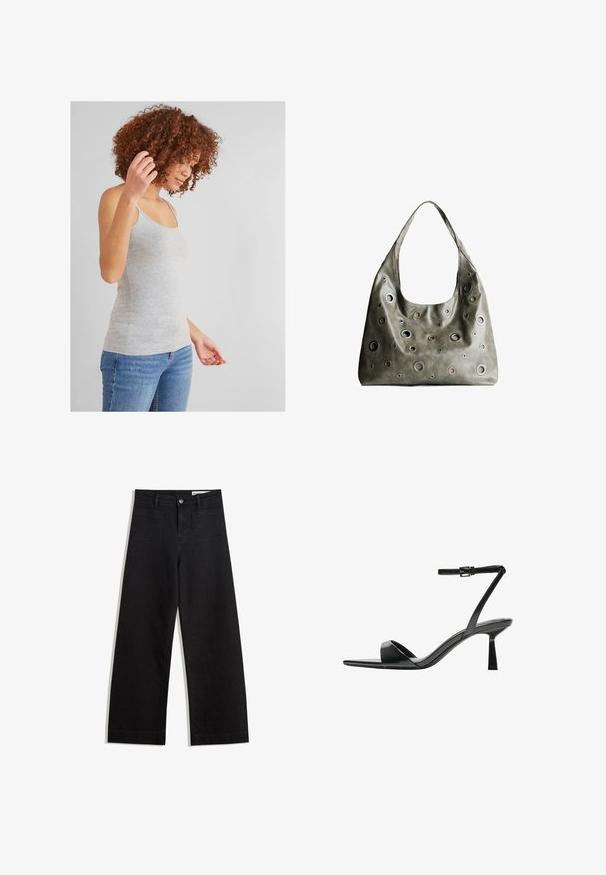 Sivih bombažna majica na tanke naramnice, prilegajoča oblika in gladka tekstura, v kombinaciji z modrimi kavbojkami. Preprost in vsestranski stil.; Črne široke denim hlače z visokim pasom, ki imajo sprednje in zadnje žepe, šivane šive ter gumbasto zapiranje. Gladka tekstura.; Bershka Sandali z visoko peto - black; Olivnozeleni usnjeni ročni torbici z ohlapno obliko, ki ima različne velikosti okroglih izrezov in poudarke v temnejših in svetlejših odtenkih.