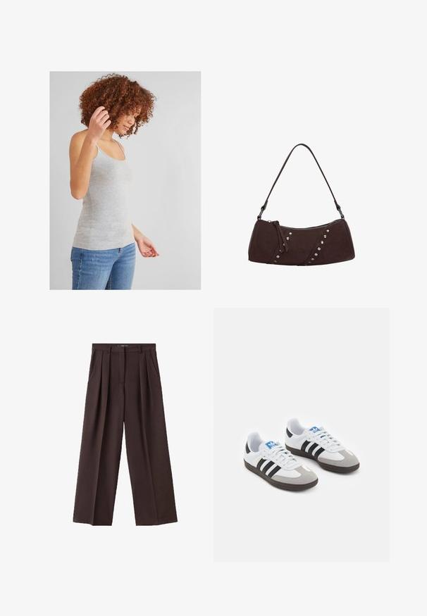 Graues Baumwoll-Tanktop mit dünnen Trägern, taillierter Passform und glatter Textur, kombiniert mit blauen Denim-Jeans. Einfacher und vielseitiger Stil.; Braune weit geschnittene Hose aus strukturiertem Stoff, mit vorderen Falten, seitlichen Taschen und einem klassischen Design des Bunds.; Sportschuhe mit einem Obermaterial aus weißem Leder, grauer Wildleder-Zehenkappe und drei schwarzen Streifen. Sie verfügen über ein blaues Logo auf der Zunge und eine strukturierte Gummisohle.; Braune Handtasche aus synthetischem Leder mit geschwungener Form, Reißverschluss und dekorativen silbernen Nieten auf einer Seite. Verfügt über einen kurzen Schultergurt.