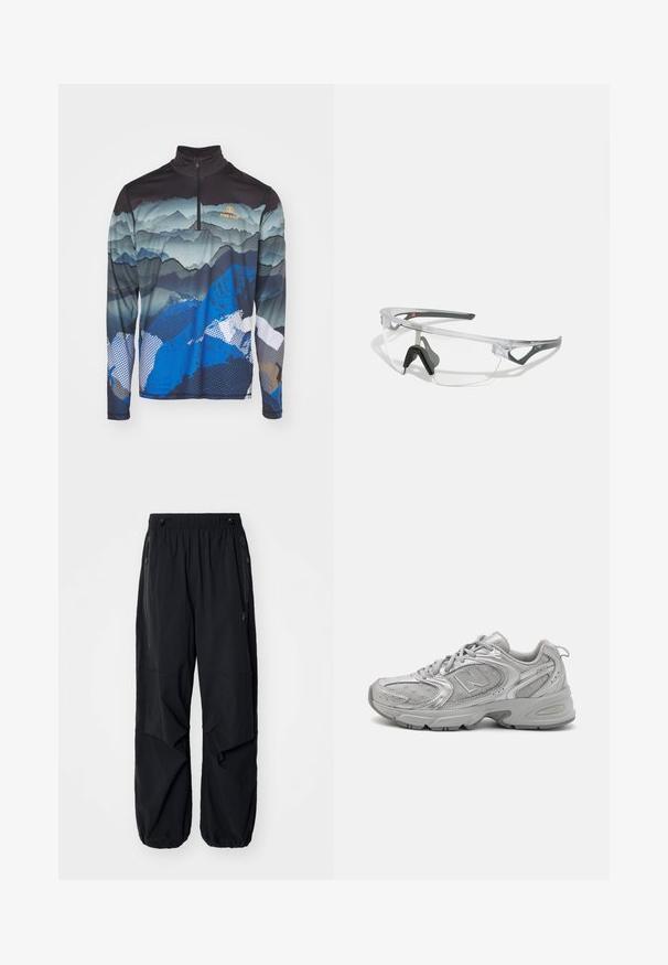Bogner Fire + Ice PASCAL - Pitkähihainen paita - multicolor; Mustat kevyet cargo-housut, joissa on joustava vyötärö, sivuvetoketjut ja tilavat taskut. Ominaisuuksiin kuuluu rento istuvuus ja kapenevat hihnat.; Hopea urheilukenkä, jossa on tyylikäs muotoilu, verkkomaiset paneelit, pehmustettu kieli, teksturoitu synteettinen päällinen ja kumipohja pidon parantamiseksi.; Läpinäkyvät turvalasit, joissa on kevyt, läpinäkyvä kehys ja harmaat yksityiskohdat. Varustettu ympäröivällä muotoilulla ja säädettävällä nenätyynyllä.