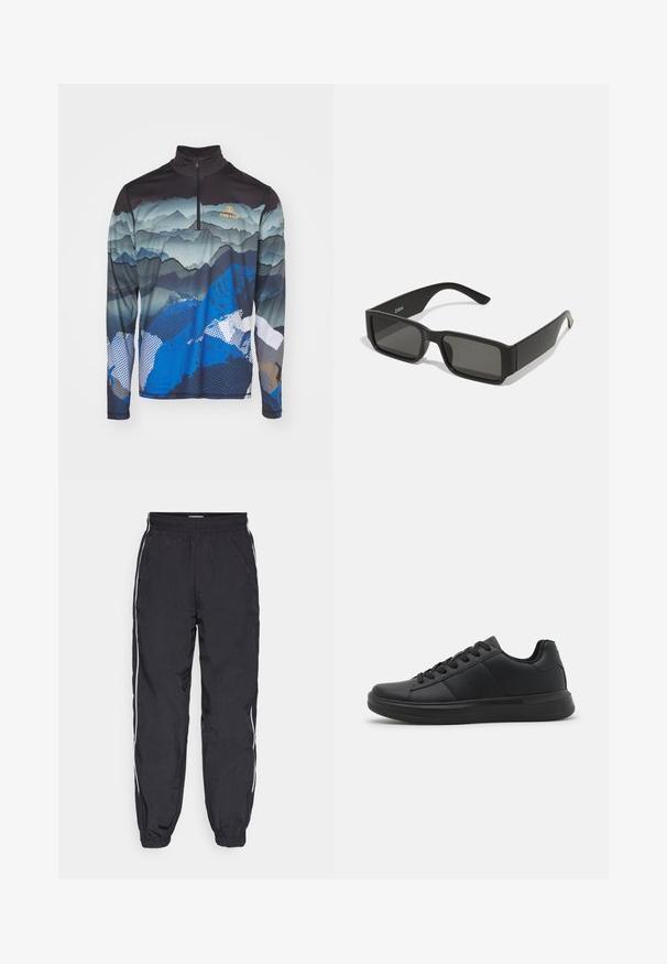 Bogner Fire + Ice PASCAL - Top dugih rukava - multicolor; Crne trenirka hlače od lagane tkanine, s elastičnim strukom, sužavajućim nogavicama i bijelim bočnim prugama.; Crne tenisice od sintetičke kože s glatkom površinom, ravnim gumenkastim potplatom, zaobljenim prstom i šest rupica za vezice.; Crne sunčane naočale s pravokutnim lećama, okvirom od mat plastike i ravnim rubovima. Sadrži logo branda na unutarnjoj strani drške.