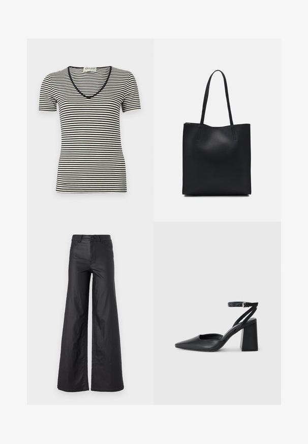 Czarny i kremowy, w poziome paski, krótki rękaw T-shirt z dekoltem w serek, wykonany z miękkiego materiału. Posiada cienkie poziome paski oraz dopasowany krój.; Czarne, szerokie spodnie z materiału przypominającego skórę. Posiadają wysoki stan, szlufki na pasek, dwie przednie kieszenie oraz przeszycia.; Czarne skórzane czółenka z ostrym noskiem, z paskiem na kostce i grubym obcasem. Gładka faktura, elegancki design i minimalistyczna estetyka.; Czarna skórzana torba tote o gładkiej fakturze, prostokątnym kształcie i dwóch długich uchwytach. Brak widocznych elementów metalowych i ozdób.