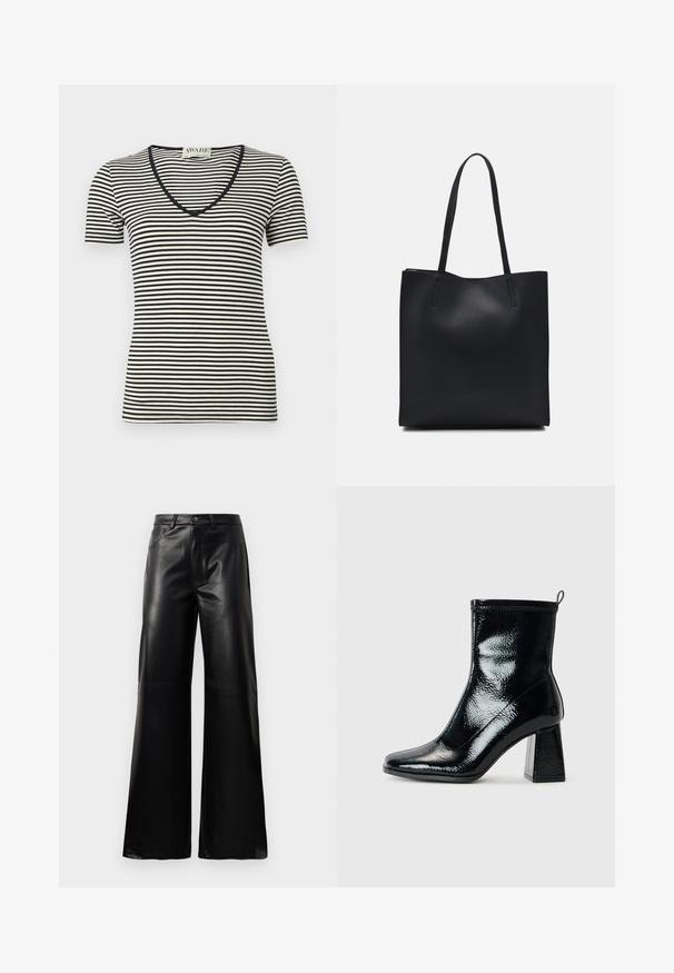 Black and cream striped short-sleeve T-shirt with a V-neckline, made of soft material. Features thin horizontal stripes and a fitted shape.; Black high-waist wide-leg faux leather pants with front button, zip closure, belt loops, and side pockets on white background.; Black patent ankle boot with a square toe and chunky geometric heel. Features a smooth, shiny texture and a rear pull tab for easy wear.; Black leather tote bag with smooth texture, rectangular shape, and two long handles. No visible hardware or embellishments.