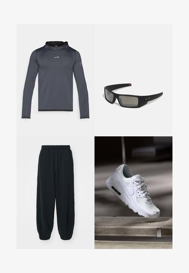 Endless HERO - Långärmad tröja - titanium; Svarta, elastiska sweatpants med lös passform, mudd vid anklarna, slät textur och utan synliga mönster eller detaljer i metall.; Vita Nike Air Max 90 sneakers med en ovandel i mesh och läder, perforerad tåbox och en synlig luftenhet i hälen.; Svarta solglasögon med matt yta, rektangulära linser, lätt kurva vid skalmarna, diskret logotypdetalj och rökfärgade linser.