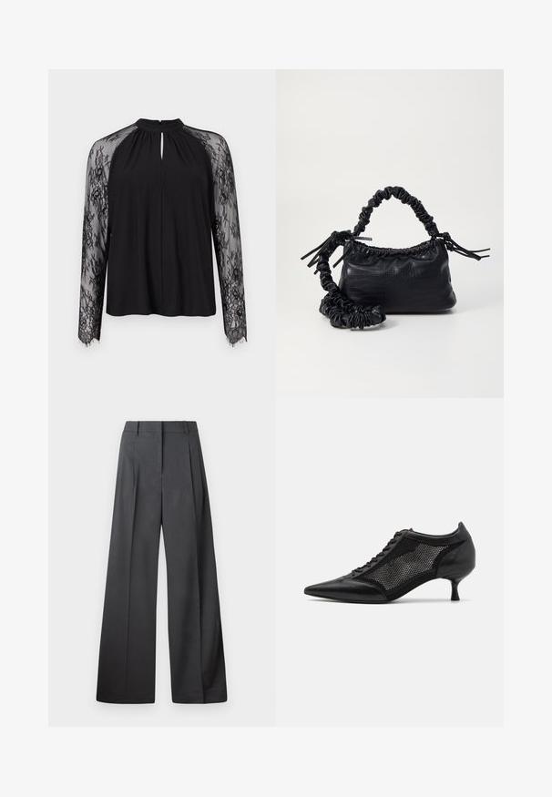 Black blouse featuring a keyhole neckline and long sheer lace sleeves with floral patterns. The main fabric is smooth and lightweight.; Wide-leg trousers in dark gray fabric, featuring a high waist, single pleats, and a smooth texture with a clean finish at the hems.; Black pointed-toe shoe with a mesh panel design, featuring a low heel and lace-up front. Made from a combination of leather and mesh material.; Black faux leather handbag with a crocodile texture, cinched top, and a scrunched strap. Appears soft and compact in design.