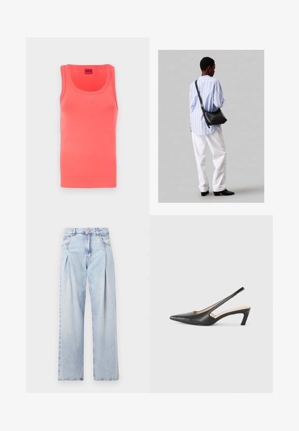 Top coral cu decolteu rotund și formă ajustată. Prezentă logo-ul embosat "HUGO" în culoare asortată, situat pe fața centrală. Material moale.; Jeans din denim albastru deschis cu talie înaltă, croială evazată, două buzunare laterale și un design pliat. Textură moale cu un finisaj decolorat.; Pantof cu toc mic, cu vârf ascuțit și slingback, realizat din piele netedă, având un design decupat pe lateral pentru respirabilitate.; Geantă de umăr din piele neagră cu o textură moale, formă triunghiulară și curea ajustabilă, asortată cu o bluză cu dungi albastre deschise și pantaloni albi.
