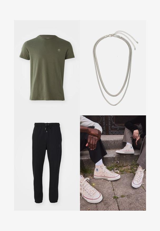 Oliivroheline puuvillane T-särk ümara kaelusega, lühikeste varrukatega ja väikese tikitud logoga rinnal. Sujuv tekstuur, klassikaline lõige.; Mustad mustad, millel on elastne vöökoht ja reguleeritav pael, mis on varustatud mansetiga pahkluude juures ja külgedel poleerimise logo.; Beige kõrge säärega kanvas tennised punase ribaga, valge kummitald ja metallist silmad, mille külje peal on ikooniline tähe logo.; Kolmekihiline hõbedane metallkaelakee, mis on valmistatud peentest, paindlikest kettidest kerge läikega, kinnitatud krabi sulguri ja reguleeritava ketiga.