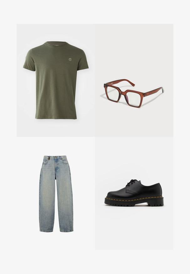 Olajzöld pamut póló kerek nyakkal, rövid ujjakkal és egy kis hímzett logóval a mellkason. Sima textúra, klasszikus fazon.; Világoskék, laza szabású farmernadrág magas derékkal, széles lábakkal, klasszikus öt zsebes kialakítással és fém kiegészítőkkel.; Fekete bőr, fűzős cipő lekerekített orral, texturált gumitalppal és sárga varrással az alján. Lapos design és sima felület.; Barna, túlméretes, téglalap alakú szemüveg, átlátszó lencsékkel, a jobb lencsén enyhe rózsaszín árnyalattal. Műanyag keret sima felülettel.; Fekete szövet táska texturált, steppelt mintával. Kerek formájú, rövid, vastag fogantyúkkal és puha, rugalmas szerkezettel.; Hét ezüst gyűrűből álló szett, különböző formákkal és szélességekkel, köztük csavart, összekapcsolt és gravírozott mintákkal.
