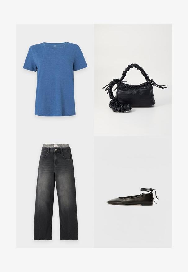 Blå kortærmet t-shirt lavet af blødt stof med rund halsudskæring og en afslappet pasform. Har en subtil tekstur gennem materialet.; Sorte denim bredbenede jeans med et houndstooth-mønster i taljen. Funktioner inkluderer sidelommer og en knaplukning. Slidt tekstur.; Sorte læder ballerinaer med spids tå, ankelbinding og flad sål, der har en glat tekstur og minimalistisk design.; Sort kunstlæder håndtaske med krokodilteksur, indsnøret top og en sammenkrøben rem. Ser blød og kompakt ud i designet.