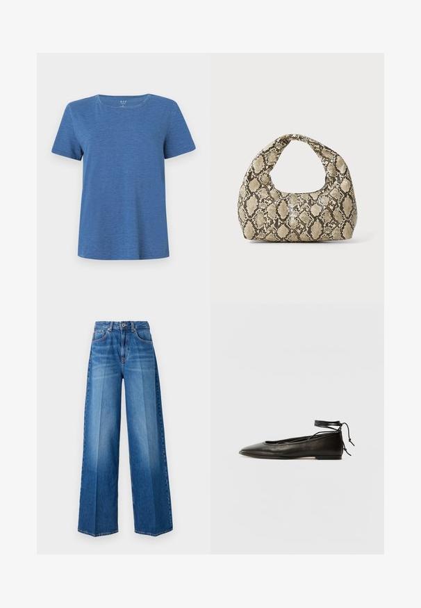 Blå kortermet t-skjorte laget av mykt stoff med rund hals og avslappet passform. Har subtil tekstur i hele materialet.; Bredde ben denimjeans i en mellomblå vask, med en klassisk femlomme-design, beltehemper og glidelås-lukking.; Svarte lær balletflater med spiss tå, ankelbånd og flat såle, som har en glatt tekstur og minimalistisk design.; Veske med slangeskinnmønster og krummet håndtak. Laget av teksturerte, beige og brune materialer, med et særegent diamantmønster.