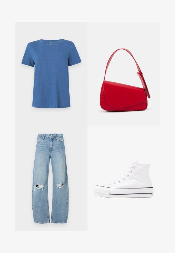 Sinine lühikeste varrukatega T-särk, mis on valmistatud pehmest kangast, ümara kaelusega ja mugava lõikega. Materjalil on throughout peen tekstuur.; Heledad hallideega sinised teksad, millel on kõrge talje. Teksade jalgadel on lai alus, kaks rebitud kohta põlvede ümber ning klassikaline viie tasku stiil.; Valge kõrgem kangast tenniseking, millel on must kummist tald, ees kummist varvasetugi ja kuus aukku paelte jaoks, pakkudes puhta ja minimalistliku disaini.; Punane nahast käekott, millel on nurkadega geomeetriline disain. Omab ühte reguleeritavat rihma ja klappidega sulgemist, millel on õmblustega kaunistused.