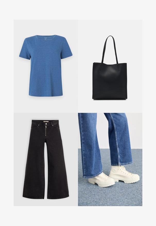 Blauwe korte mouw t-shirt van zachte stof met een ronde halslijn en een ontspannen pasvorm. Kenmerkt zich door subtiele textuur in het materiaal.; Wijdvallende jeans van zwarte denim met een ritssluiting aan de voorkant, vijf zakken en subtiele stikdetails. Soepele textuur en casual stijl.; Witte hoge sneakers met dikke, geribbelde zolen en ronde logo-detail, gedragen met lichtblauwe, wijde denim jeans.; Zwarte leren handtas met een gladde textuur, rechthoekige vorm en twee lange handvaten. Geen zichtbare hardware of versieringen.