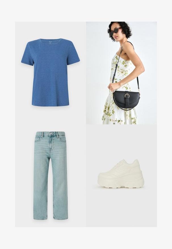 Mėlyna trumpomis rankovėmis marškinėliai, pagaminti iš minkštos medžiagos, su apvalia iškirpte ir laisvu pjūviu. Medžiaga pasižymi subtilia tekstūra.; Šviesiai mėlyni plačiakojai džinsai, pagaminti iš džinsinio audinio, su klasikinio penkių kišenių dizainu, švariomis linijomis ir reguliariu liemeniu su mygtuko uždarymu.; Baltos platformos sportbačiai su lygiu odos primenančiu paviršiumi, apvalia forma, paminkštintu apykakle ir tekstūruotu guminiu padu su ryškiais protektoriais.; Juodas odinis krepšys su išlenkta forma, nuimamu dirželiu ir auksiniais detalėmis. Krepšys turi kilpą su sagtimi.