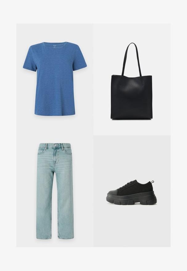 Modrá krátkotričká vyrobená z mäkkej látky s okrúhlym výstrihom a voľným strihom. Materiál má jemnú textúru.; Svetlomodré nohavice s širokými nohavicami vyrobené z denimu, obsahujúce klasický dizajn s piatimi vreckami, čisté línie a klasický pás so zapínaním na gombík.; Čierne tenisky s masívnou gumovou podrážkou, textúrovaným textilným zvrškom, okrúhlou špičkou a šnurovaním. Obsahujú spevnené očká a zadný úchop.; Čierna kožená taška na rameno s hladkým povrchom, obdĺžnikovým tvarom a dvoma dlhými uchami. Bez viditeľného kovania alebo ozdôb.