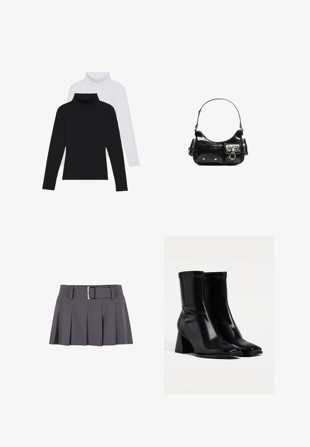 Schwarz-weiße Langarm-Turtlenecks übereinander gestapelt, aus geripptem Stoff, mit taillierten Formen und hohen Kragen.; Grauer plissierter Minirock mit glatter Textur, ausgestattet mit einem breiten Bund, Gürtelschlaufen und einem rechteckigen Detail in Silber mit Schnalle.; Schwarze Knöchelstiefel aus glänzendem Leder, mit einem mittelhohen Blockabsatz, Reißverschluss und spitzem Zehendesign. Glatte Textur mit minimaler Naht.; Schwarze Lackleder-Handtasche mit geschwungenem Design, einem Schulterriemen, Vordertaschen und silberfarbenen Hardware-Akzenten.