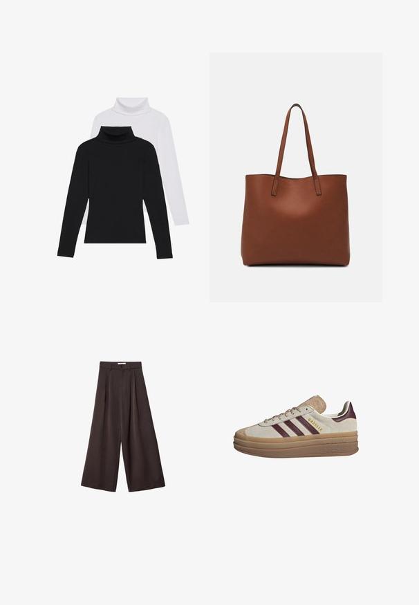 Sorte og hvide langærmede turtlenecks stablet, lavet af ribbet stof, med tætsiddende former og høje kraver.; Sorte vidde bukser med høj talje, med frontfolder og knaplukning i taljen, lavet af glat stof.; Beige ruskinds sneakers med maroon striber, hvide accenter, en kraftig gennemsigtig sål og forhøjet branding på siden. Snørebåndsdesign.; Brun læder tote taske med en glat overflade, åben topdesign og to skulderremme. Har minimal syning og ingen synlig hardware.